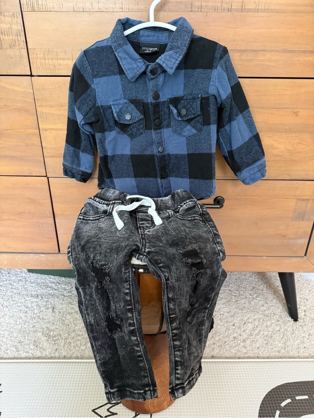 Little Bipsy Plaid Shirt Jacket & O+S Black Jeans (6-12mo)